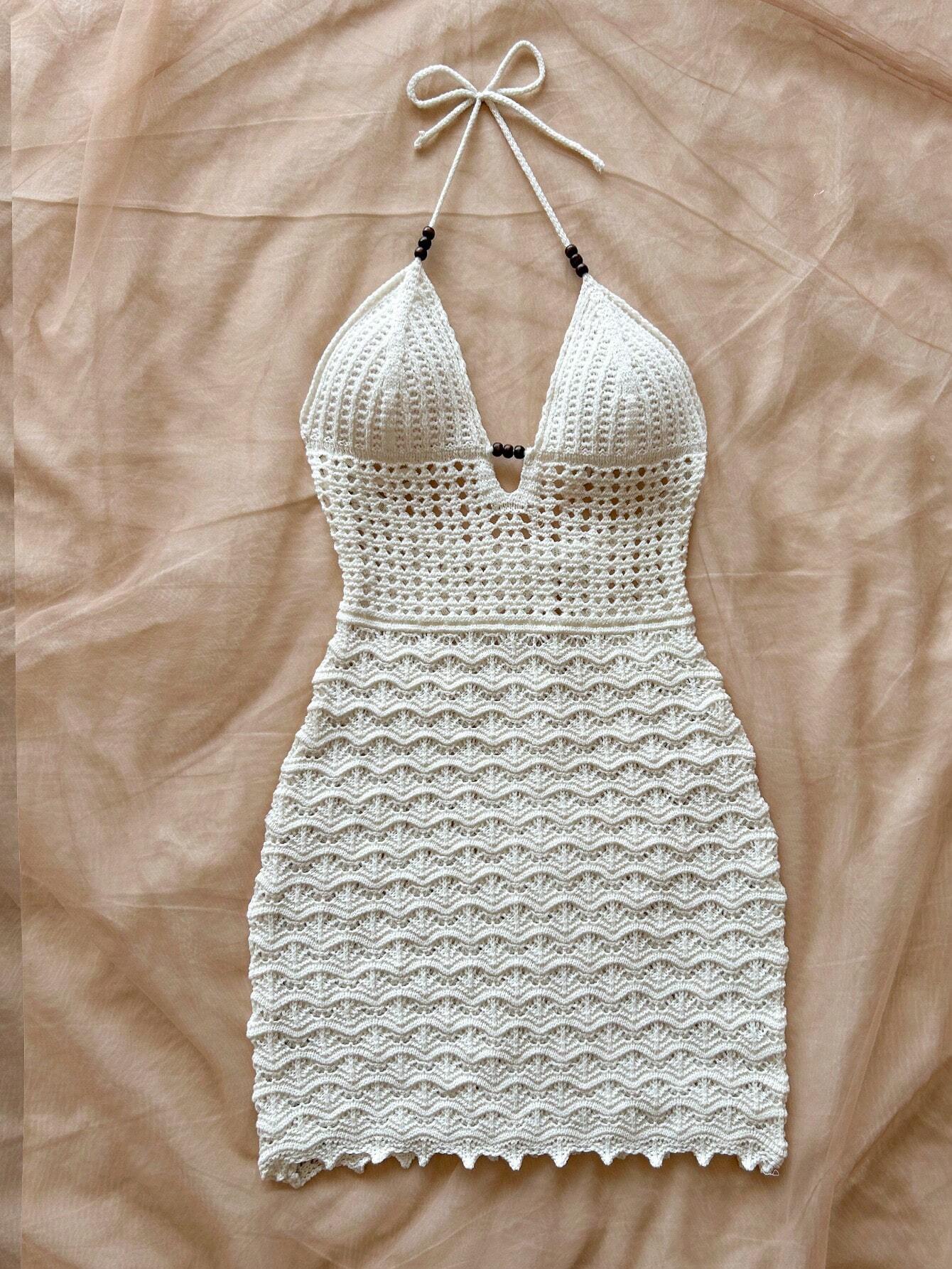 AliExpress Summer sexy V-Neck Hollowed out Wooden Bead Slim Fit Dress with Vacation Straps and Strapless Gradient Color Knitted Dress, view 4