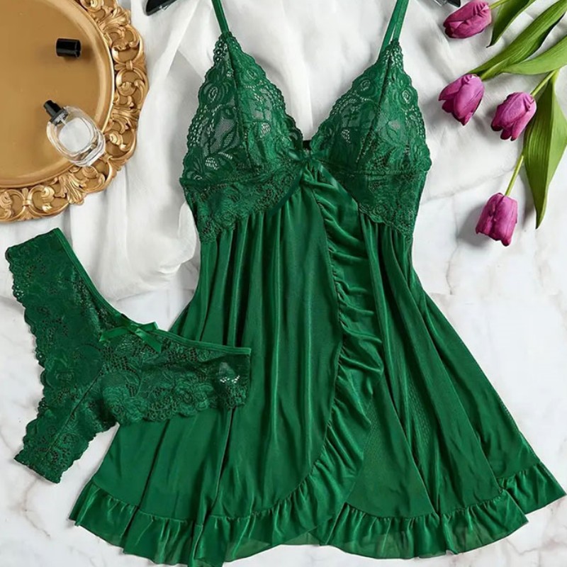 AliExpress Summer Soft Sheer Nighty Pajamas Nightgowns Dark Green Halter Dress Women Sleepwear Sexy Nightdress Thong Sets