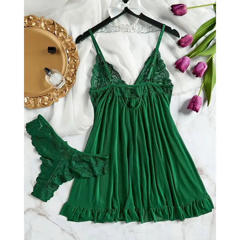 AliExpress Summer Soft Sheer Nighty Pajamas Nightgowns Dark Green Halter Dress Women Sleepwear Sexy Nightdress Thong Sets, view 2
