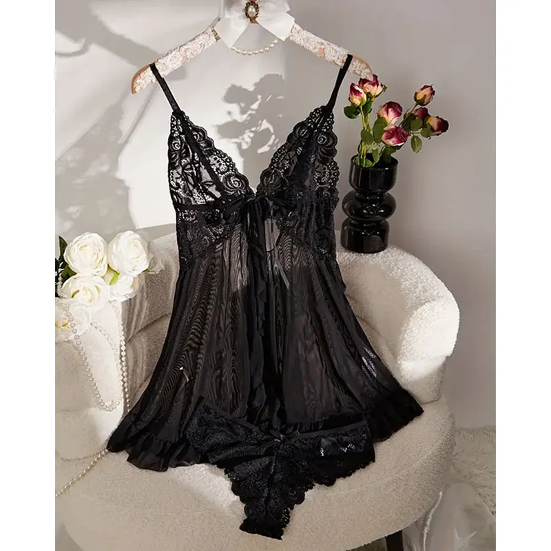AliExpress Summer Soft Sheer Nighty Pajamas Nightgowns Dark Green Halter Dress Women Sleepwear Sexy Nightdress Thong Sets, view 3