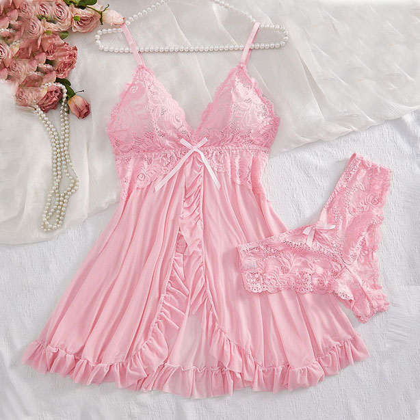 AliExpress Summer Soft Sheer Nighty Pajamas Nightgowns Dark Green Halter Dress Women Sleepwear Sexy Nightdress Thong Sets, view 4