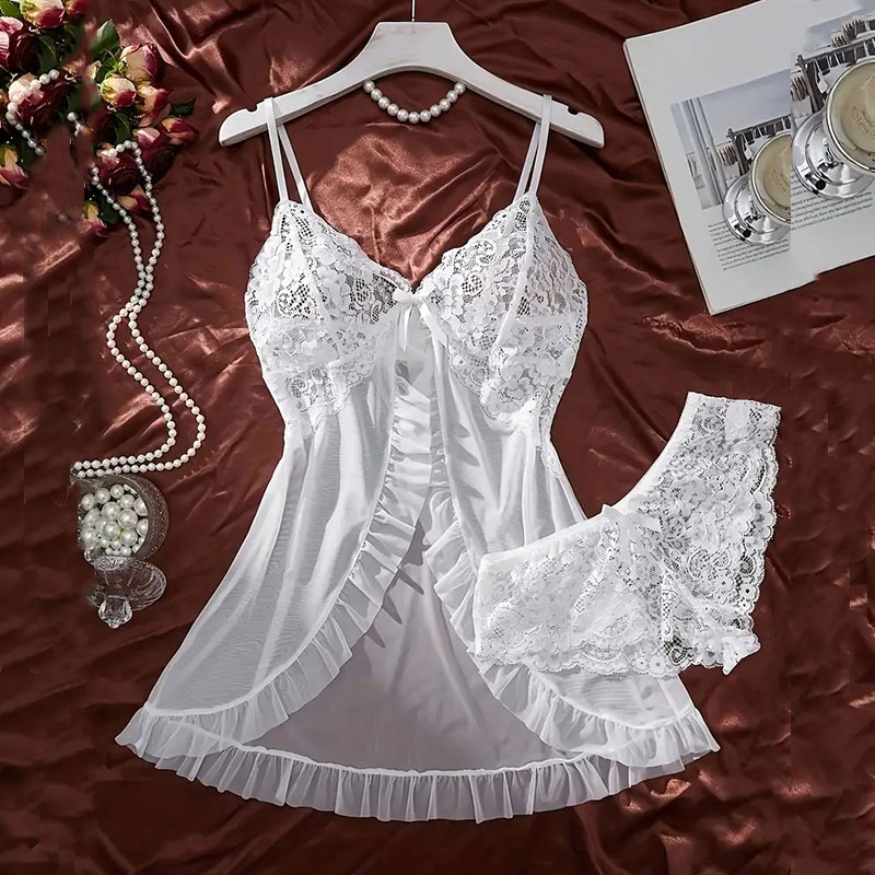 AliExpress Summer Soft Sheer Nighty Pajamas Nightgowns Dark Green Halter Dress Women Sleepwear Sexy Nightdress Thong Sets, view 5
