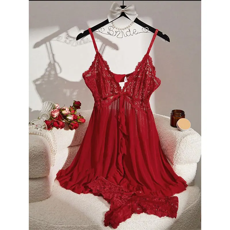 AliExpress Summer Soft Sheer Nighty Pajamas Nightgowns Dark Green Halter Dress Women Sleepwear Sexy Nightdress Thong Sets, view 6