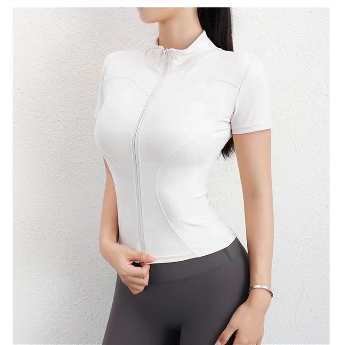 AliExpress Summer Solid Zipper Slimming Coat Women Short Sleeve Stand Collar Cycling Running Tops Female Gym Sports Workout Clothes Street, view 3
