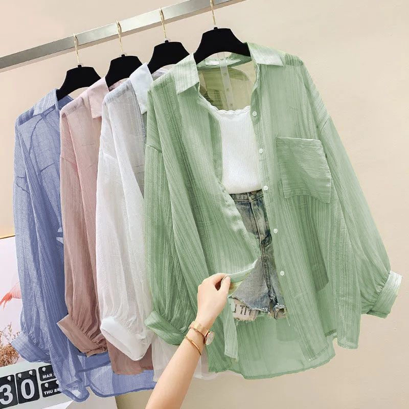 AliExpress Summer Sunscreen Shirt Elegant Perspective Thin Chiffon Blouse Korean Harajuku See Through Loose Top Casual Women's Cardigan