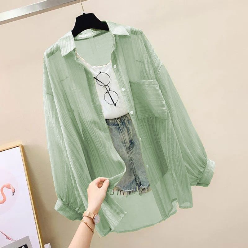 AliExpress Summer Sunscreen Shirt Elegant Perspective Thin Chiffon Blouse Korean Harajuku See Through Loose Top Casual Women's Cardigan, view 2