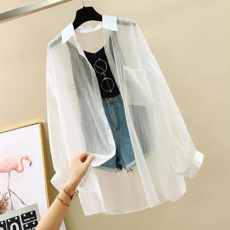 AliExpress Summer Sunscreen Shirt Elegant Perspective Thin Chiffon Blouse Korean Harajuku See Through Loose Top Casual Women's Cardigan, view 3