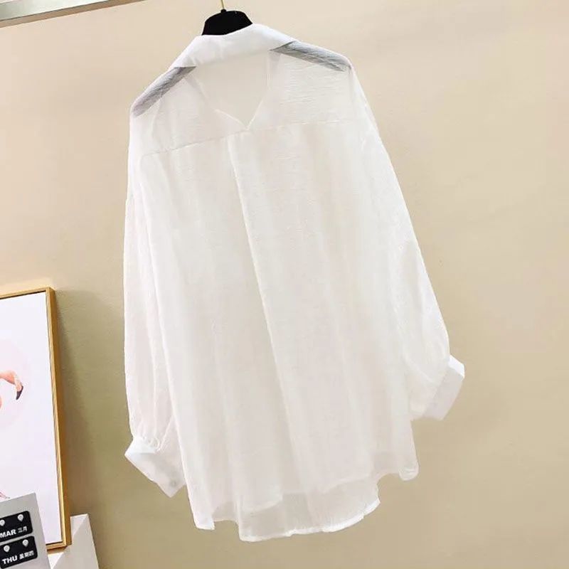 AliExpress Summer Sunscreen Shirt Elegant Perspective Thin Chiffon Blouse Korean Harajuku See Through Loose Top Casual Women's Cardigan, view 4