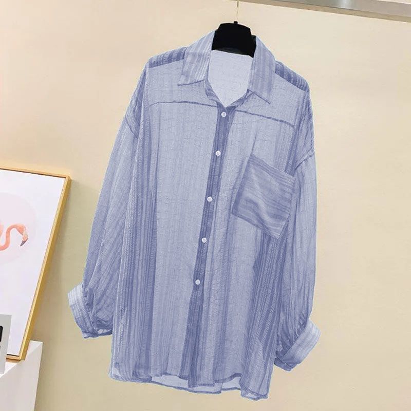 AliExpress Summer Sunscreen Shirt Elegant Perspective Thin Chiffon Blouse Korean Harajuku See Through Loose Top Casual Women's Cardigan, view 5