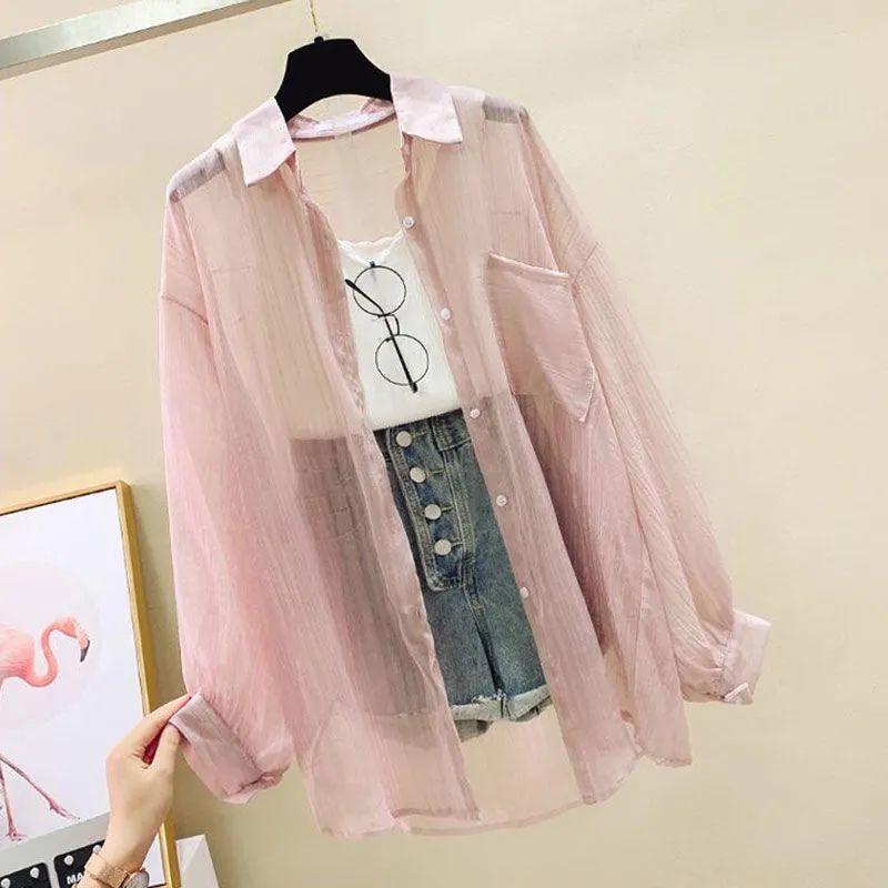 AliExpress Summer Sunscreen Shirt Elegant Perspective Thin Chiffon Blouse Korean Harajuku See Through Loose Top Casual Women's Cardigan, view 6