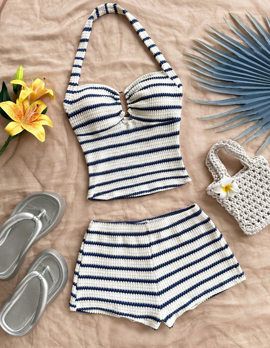 AliExpress Summer Textured Knit Halter Top Shorts Two Piece Outfit, Classic Nautical Stripes Paired With Breathable Knit Fabric, Ideal For