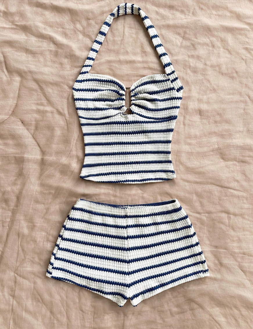 AliExpress Summer Textured Knit Halter Top Shorts Two Piece Outfit, Classic Nautical Stripes Paired With Breathable Knit Fabric, Ideal For, view 2