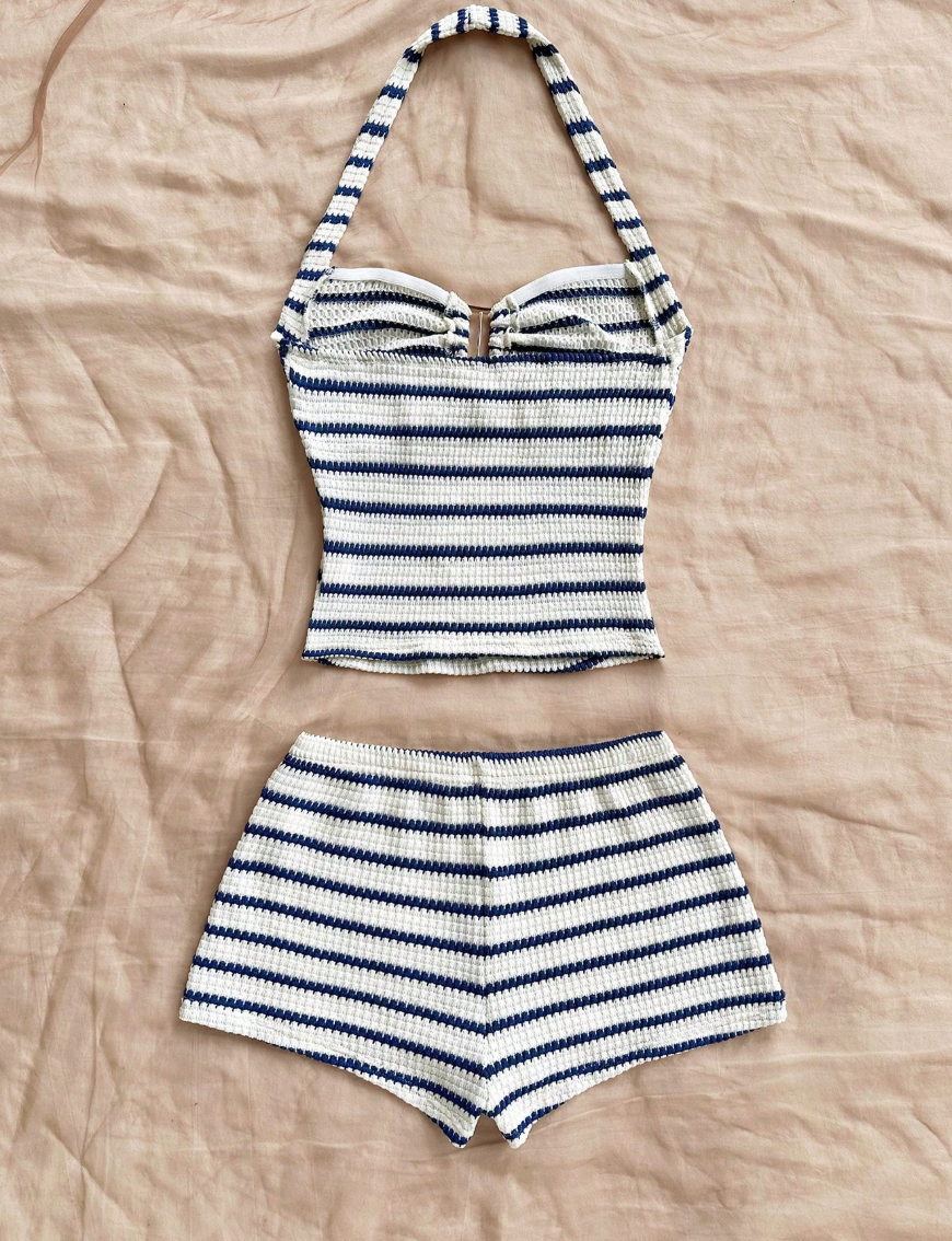 AliExpress Summer Textured Knit Halter Top Shorts Two Piece Outfit, Classic Nautical Stripes Paired With Breathable Knit Fabric, Ideal For, view 3