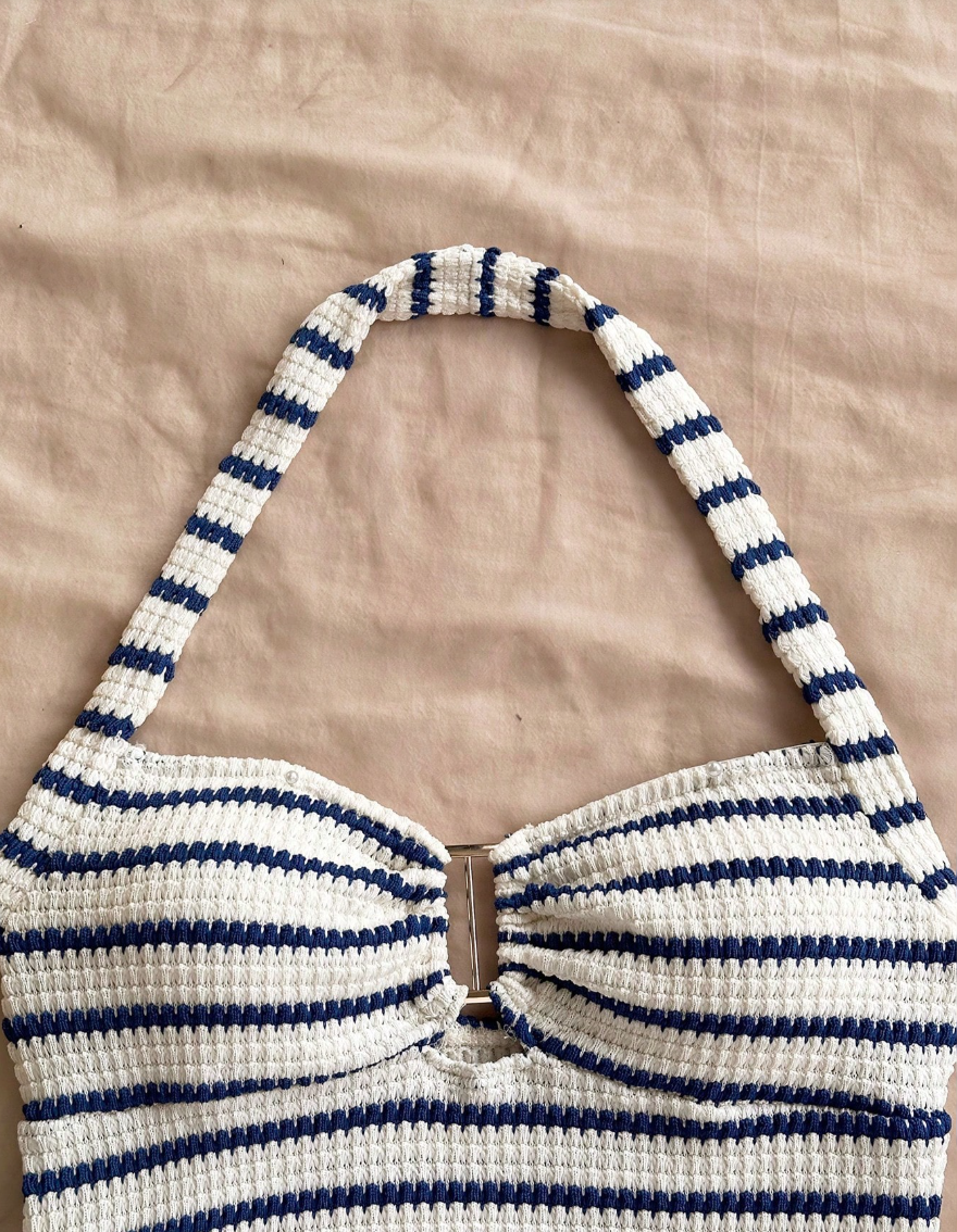 AliExpress Summer Textured Knit Halter Top Shorts Two Piece Outfit, Classic Nautical Stripes Paired With Breathable Knit Fabric, Ideal For, view 4