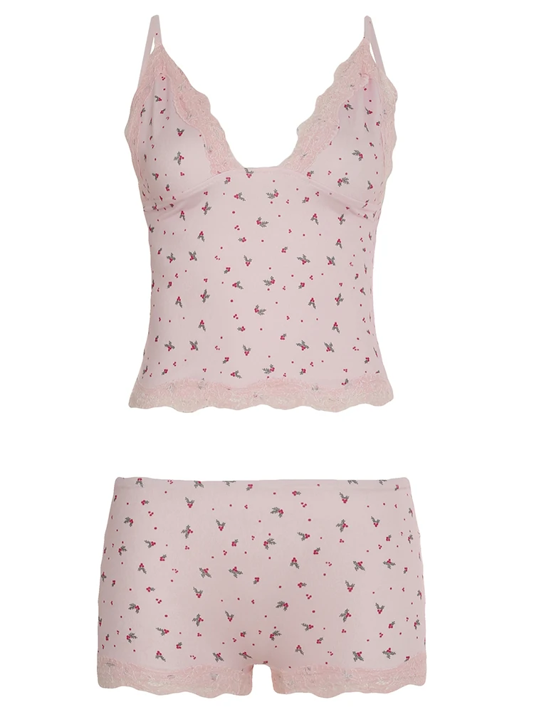 AliExpress Summer Two-piece Pajamas Set for Women Sleepwear Floral Lace Pink Sleeveless Camisoles and Slim Shorts Loungewear, view 5