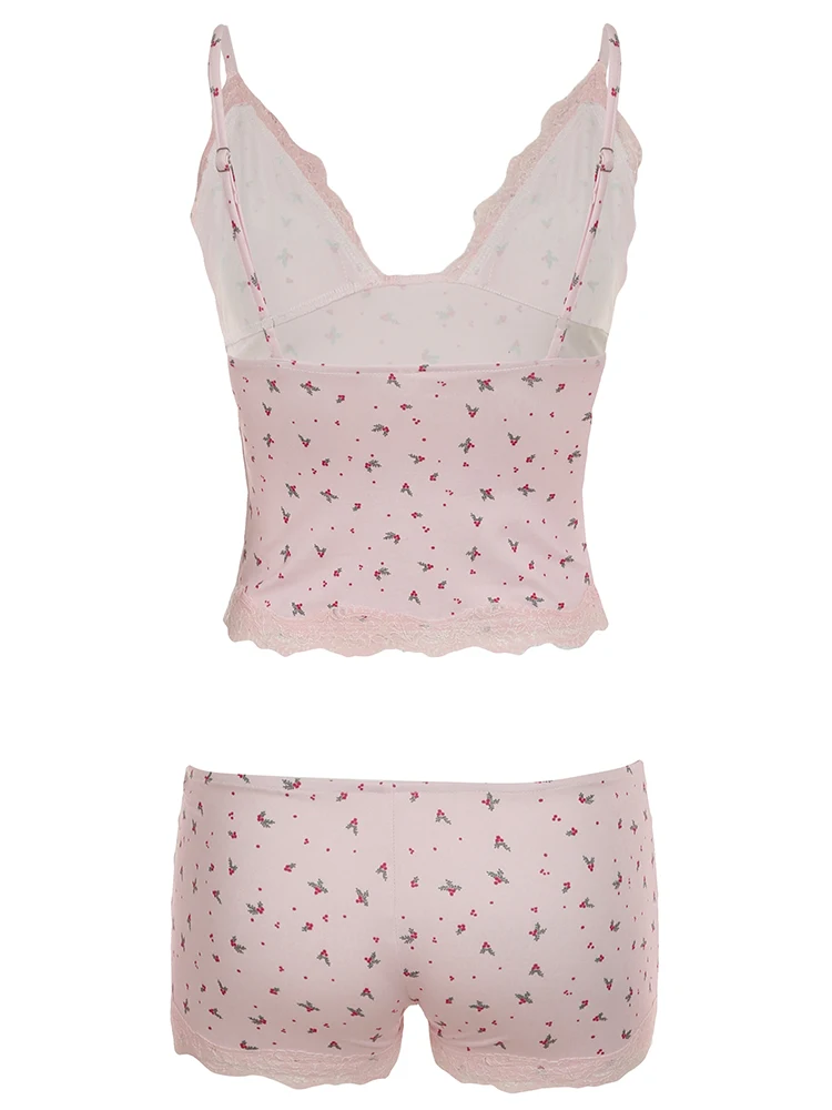 AliExpress Summer Two-piece Pajamas Set for Women Sleepwear Floral Lace Pink Sleeveless Camisoles and Slim Shorts Loungewear, view 6