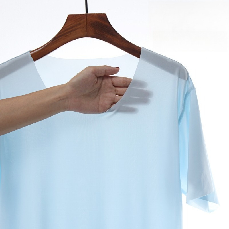 AliExpress Summer Ultra-thin Sleep Tops Liquid Ice Silk Round Neck High-elastic Leisure Home Cooling Bottom Tshirts Lightweight Pajama Top
