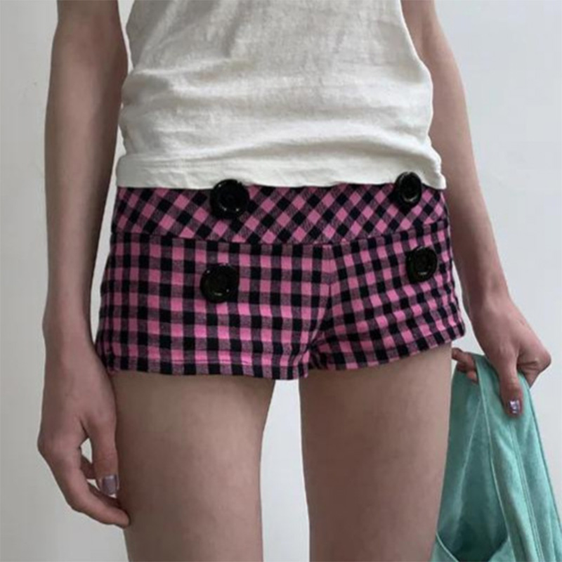 AliExpress Summer Women Y2K Street Club Gingham Plaid Four Button Decor Low Waist Ultra Short Bodycon Booty Hot Pants Shorts