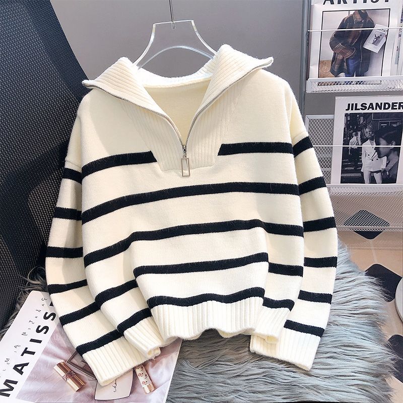 AliExpress Sweater pullover women Spring and Autumn underwear New zipper stripe underlay short style popular premium sweater female, view 3