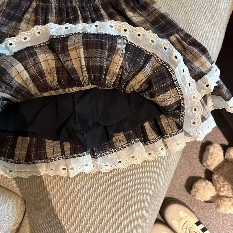 AliExpress Sweet Cool Kawaii Y2K Puff Mini Skirt Women's Plaid High-Waist Lace Patchwork Bow Casual Dating Skirt Lolita School Performance, view 3