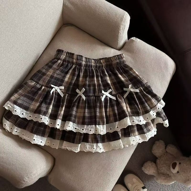 AliExpress Sweet Cool Kawaii Y2K Puff Mini Skirt Women's Plaid High-Waist Lace Patchwork Bow Casual Dating Skirt  Lolita School Performance