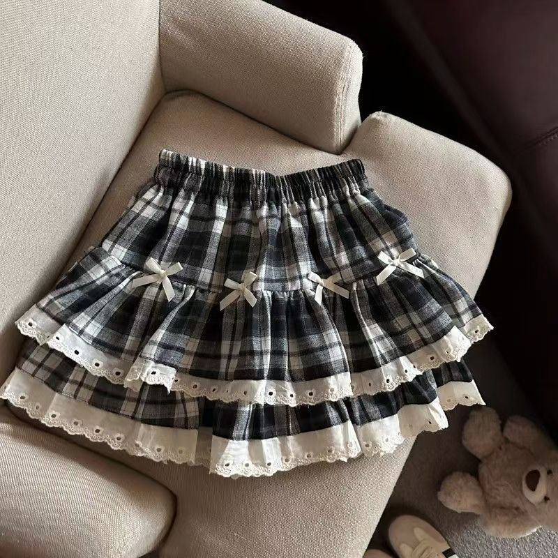 AliExpress Sweet Cool Kawaii Y2K Puff Mini Skirt Women's Plaid High-Waist Lace Patchwork Bow Casual Dating Skirt Lolita School Performance, view 4