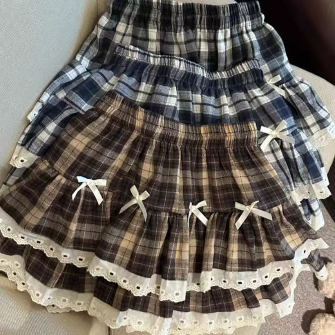 AliExpress Sweet Cool Kawaii Y2K Puff Mini Skirt Women's Plaid High-Waist Lace Patchwork Bow Casual Dating Skirt Lolita School Performance, view 5