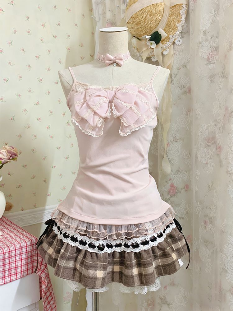 AliExpress Sweet Dresses 3Piece Set Y2k 90s Crop Top Kawaii Sexy Harajuku Japanese Sling+Top+Mini Skirt lace Slim Summer Fashion Dress Chic, view 2