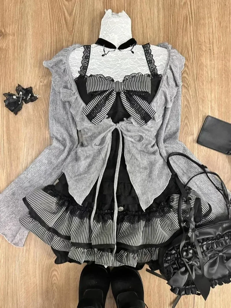 AliExpress Sweet Lolita Early Autumn Three Piece Set Lace up Ruffles Cardigan Sexy Slim Fit Strapless Vest Tops High Waist Ruched Skirts
