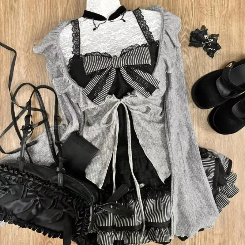 AliExpress Sweet Lolita Early Autumn Three Piece Set Lace up Ruffles Cardigan Sexy Slim Fit Strapless Vest Tops High Waist Ruched Skirts, view 2