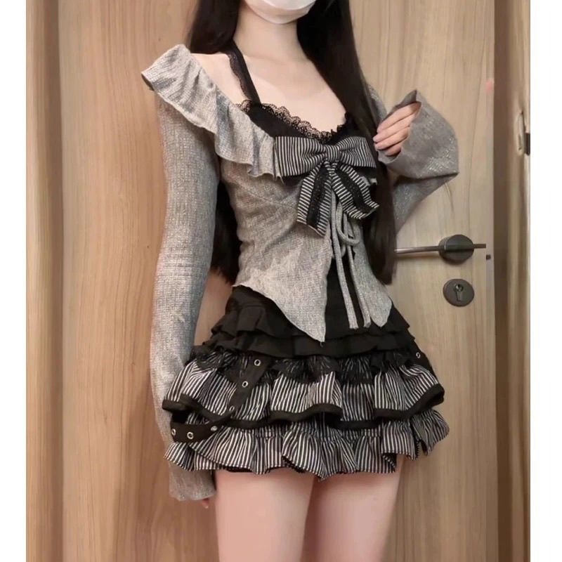 AliExpress Sweet Lolita Early Autumn Three Piece Set Lace up Ruffles Cardigan Sexy Slim Fit Strapless Vest Tops High Waist Ruched Skirts, view 3
