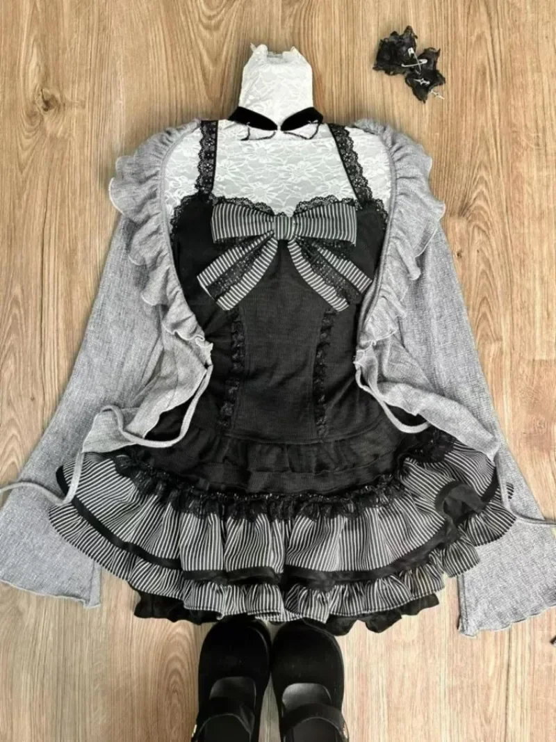 AliExpress Sweet Lolita Early Autumn Three Piece Set Lace up Ruffles Cardigan Sexy Slim Fit Strapless Vest Tops High Waist Ruched Skirts, view 5
