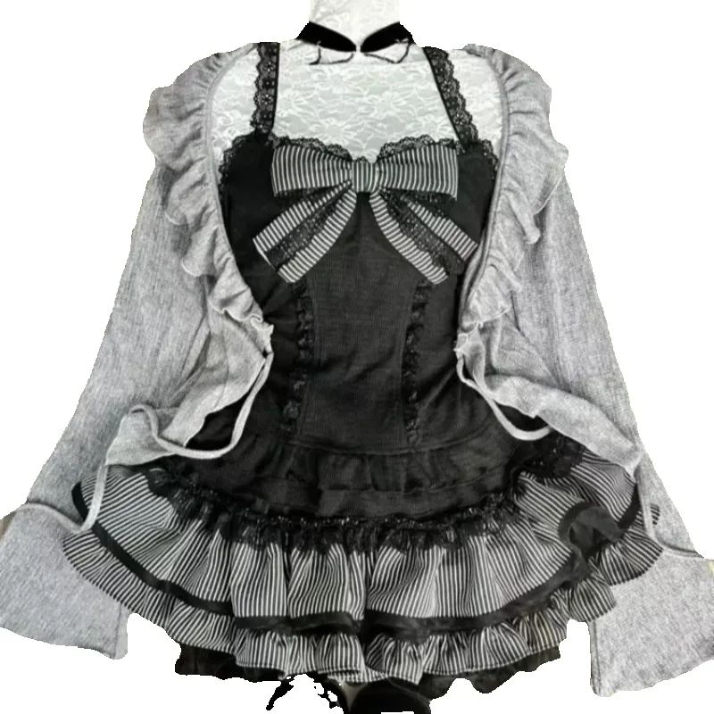 AliExpress Sweet Lolita Early Autumn Three Piece Set Lace up Ruffles Cardigan Sexy Slim Fit Strapless Vest Tops High Waist Ruched Skirts, view 6