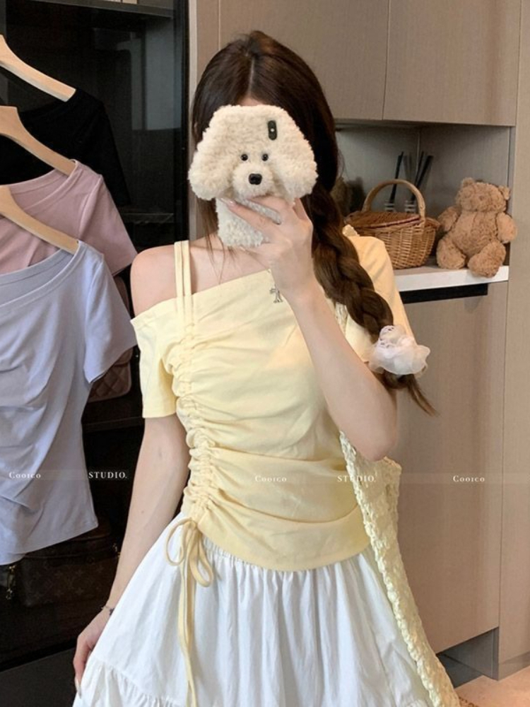 AliExpress Sweet One Shoulder Drawstring Short Sleeve T Shirt Women Summer Off Shoulder Top Elegant Sexy Solid Color Cropped Basic Blouse