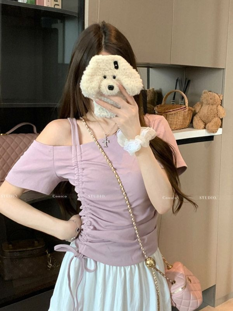 AliExpress Sweet One Shoulder Drawstring Short Sleeve T Shirt Women Summer Off Shoulder Top Elegant Sexy Solid Color Cropped Basic Blouse, view 2