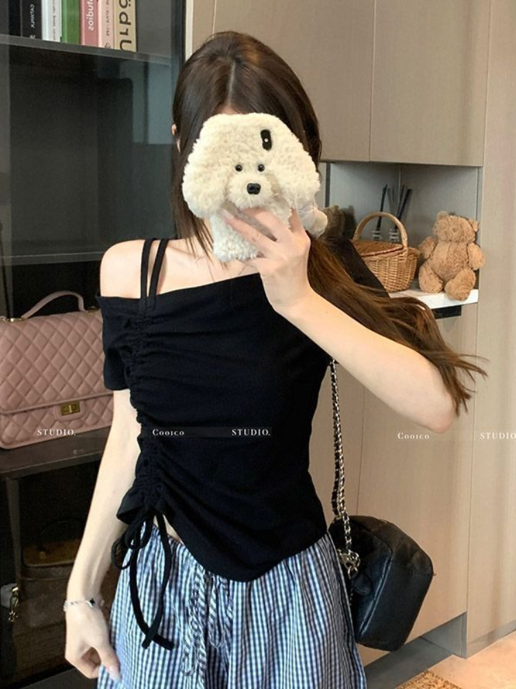 AliExpress Sweet One Shoulder Drawstring Short Sleeve T Shirt Women Summer Off Shoulder Top Elegant Sexy Solid Color Cropped Basic Blouse, view 3