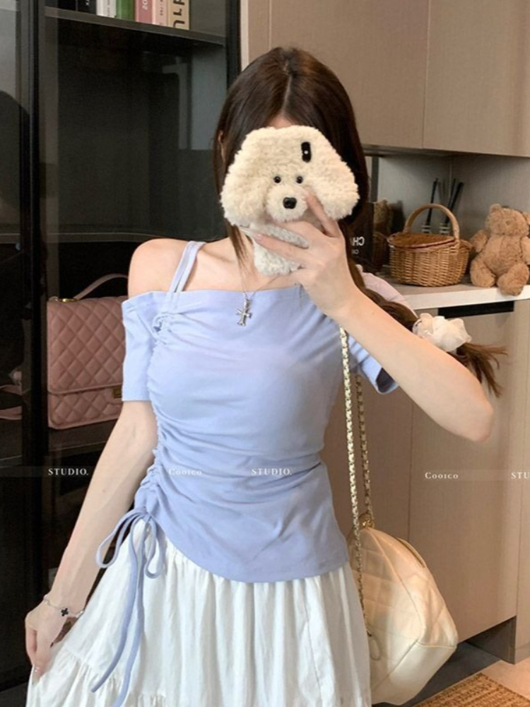 AliExpress Sweet One Shoulder Drawstring Short Sleeve T Shirt Women Summer Off Shoulder Top Elegant Sexy Solid Color Cropped Basic Blouse, view 4