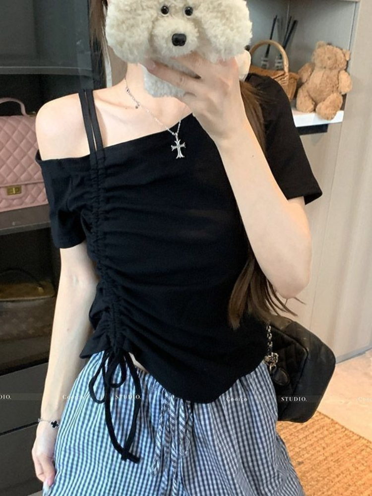AliExpress Sweet One Shoulder Drawstring Short Sleeve T Shirt Women Summer Off Shoulder Top Elegant Sexy Solid Color Cropped Basic Blouse, view 5