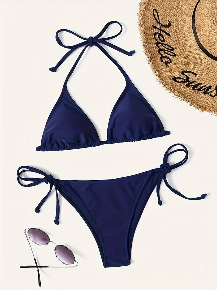 AliExpress Swimwear Thong Bikini Set Sexy New Navy Blue Swimsuits Woman Sexy Bathing Suits Bikinis Triangle Bandage Female Beachwear