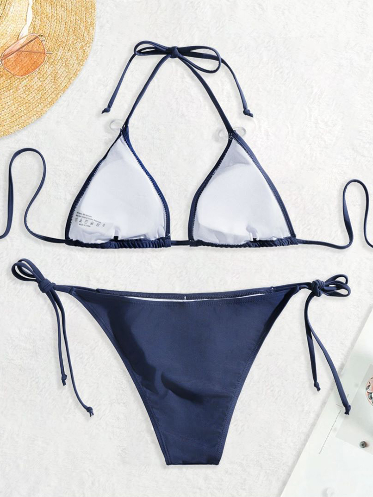 AliExpress Swimwear Thong Bikini Set Sexy New Navy Blue Swimsuits Woman Sexy Bathing Suits Bikinis Triangle Bandage Female Beachwear, view 3