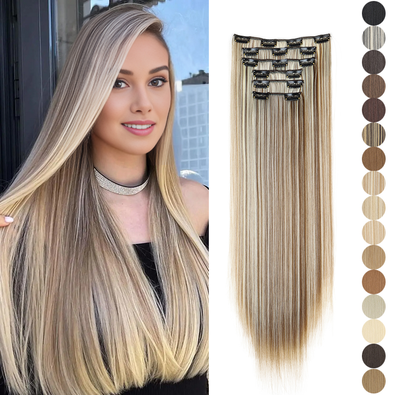 AliExpress Synthetic 24Inch 16 Clips in Hair Extensions Long Straight Hairstyle Blonde Black Hairpieces Heat Resistant False Hair Daily Use