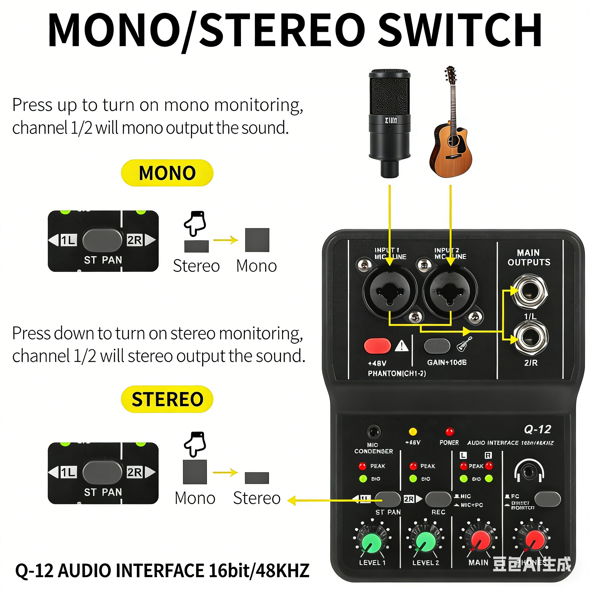 AliExpress TEYUN Q12 2 Channels Professional Portable Audio Interface Sound Card Console Mini USB MIXER for Guitar Recording Studio Singing, view 2