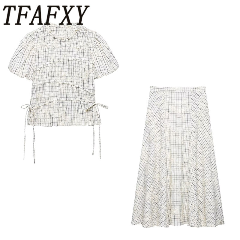 AliExpress TFAFXY 2026 Summer Bow Plaid Embroidered Blouse Women Sets A-line Midi Long Skirt Suits Y2K