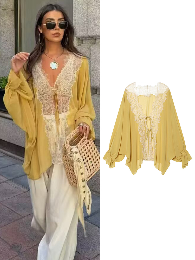 AliExpress TFMLN Women Lace Patchwork Lantern Long Sleeve Shirt Top Tie-up Loose Sheer Blouse Elegant Irregular High Street Fashion Lady