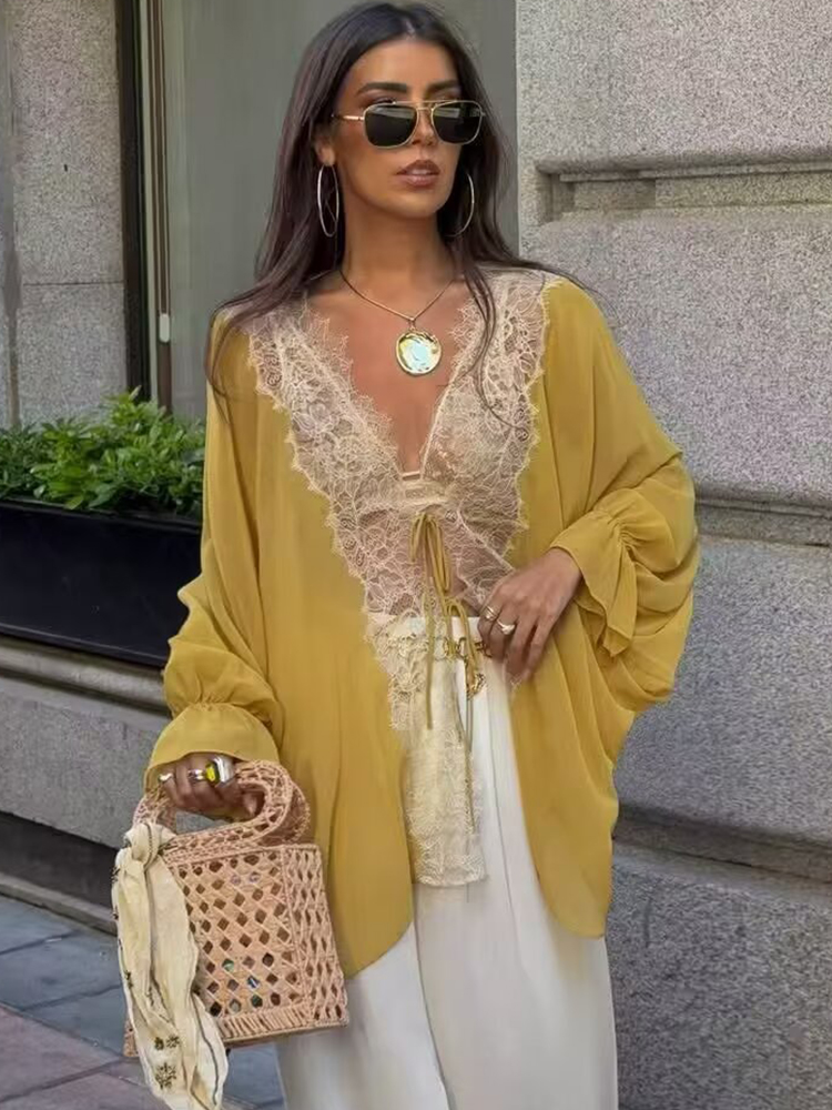 AliExpress TFMLN Women Lace Patchwork Lantern Long Sleeve Shirt Top Tie-up Loose Sheer Blouse Elegant Irregular High Street Fashion Lady, view 2