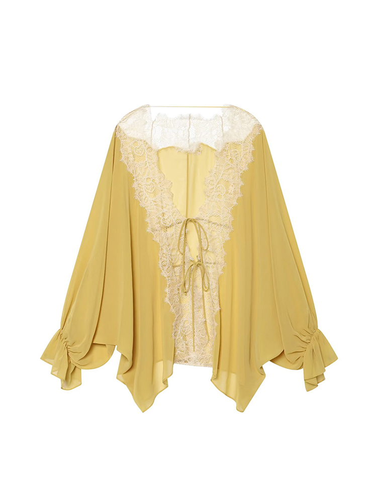 AliExpress TFMLN Women Lace Patchwork Lantern Long Sleeve Shirt Top Tie-up Loose Sheer Blouse Elegant Irregular High Street Fashion Lady, view 3