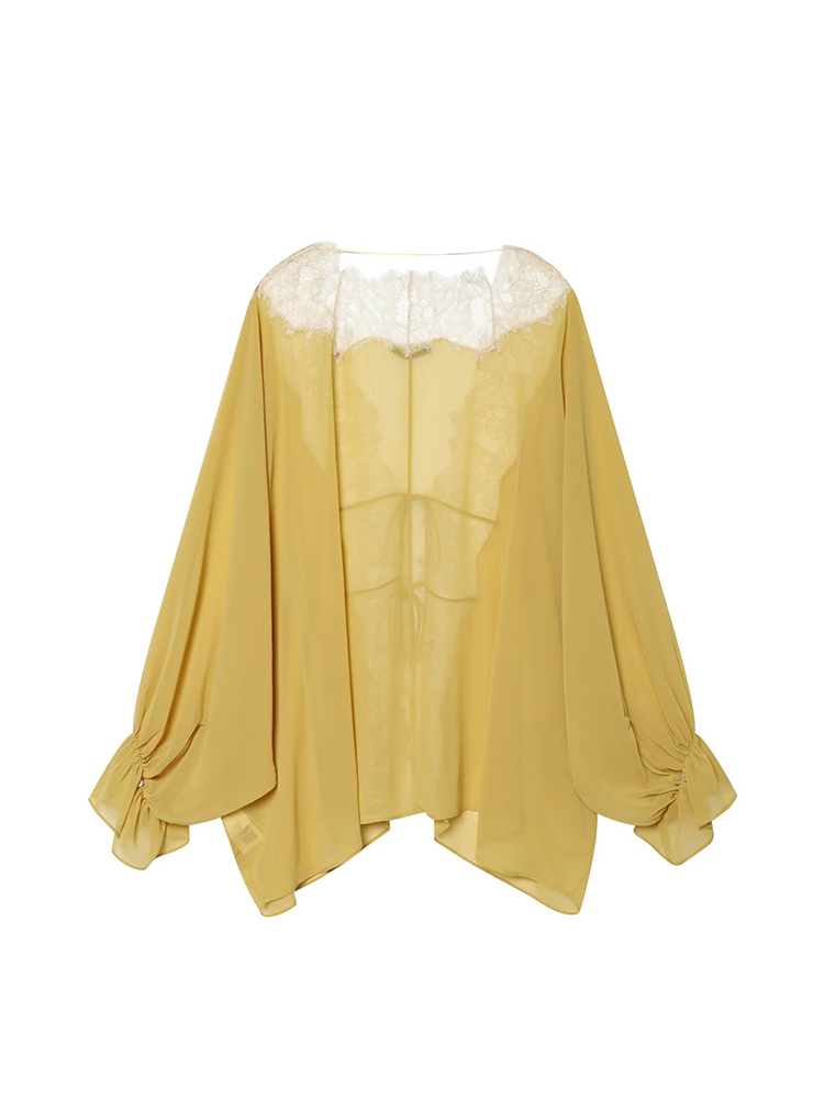 AliExpress TFMLN Women Lace Patchwork Lantern Long Sleeve Shirt Top Tie-up Loose Sheer Blouse Elegant Irregular High Street Fashion Lady, view 4
