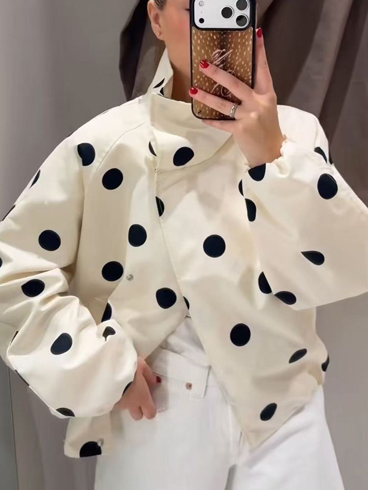 AliExpress TFMLN Women Retro Polka Dot Printed Bomber Jacket Stand Collar Oversized Streetwear Spring Casual Trendy Outerwear 2026 New