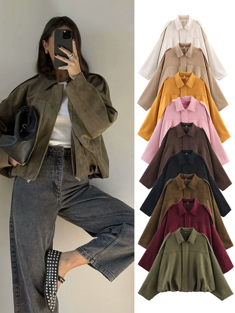 AliExpress TFMLN Women Suede Bomber Jacket Spring New Fashion Long Sleeve Zipper Oversize Solid Bomber Coat Chic Lady 2025 Streetwear
