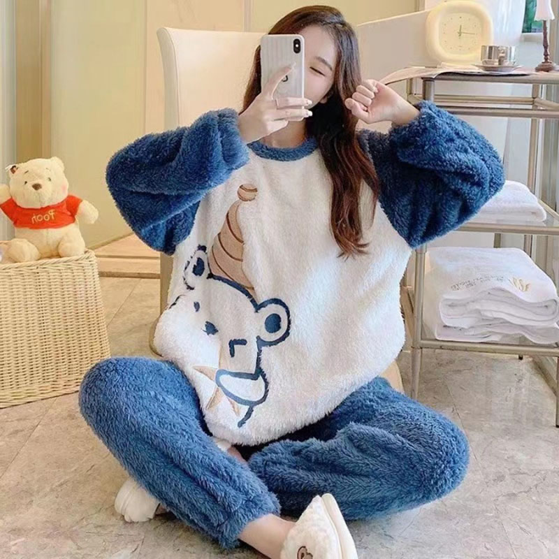 AliExpress Thickened Warm Winter Flannel Ladies Pajamas Top and Pants Padded Nightwear Homewear Cartoon Bear Women's Sleepwear Loungewear, view 2